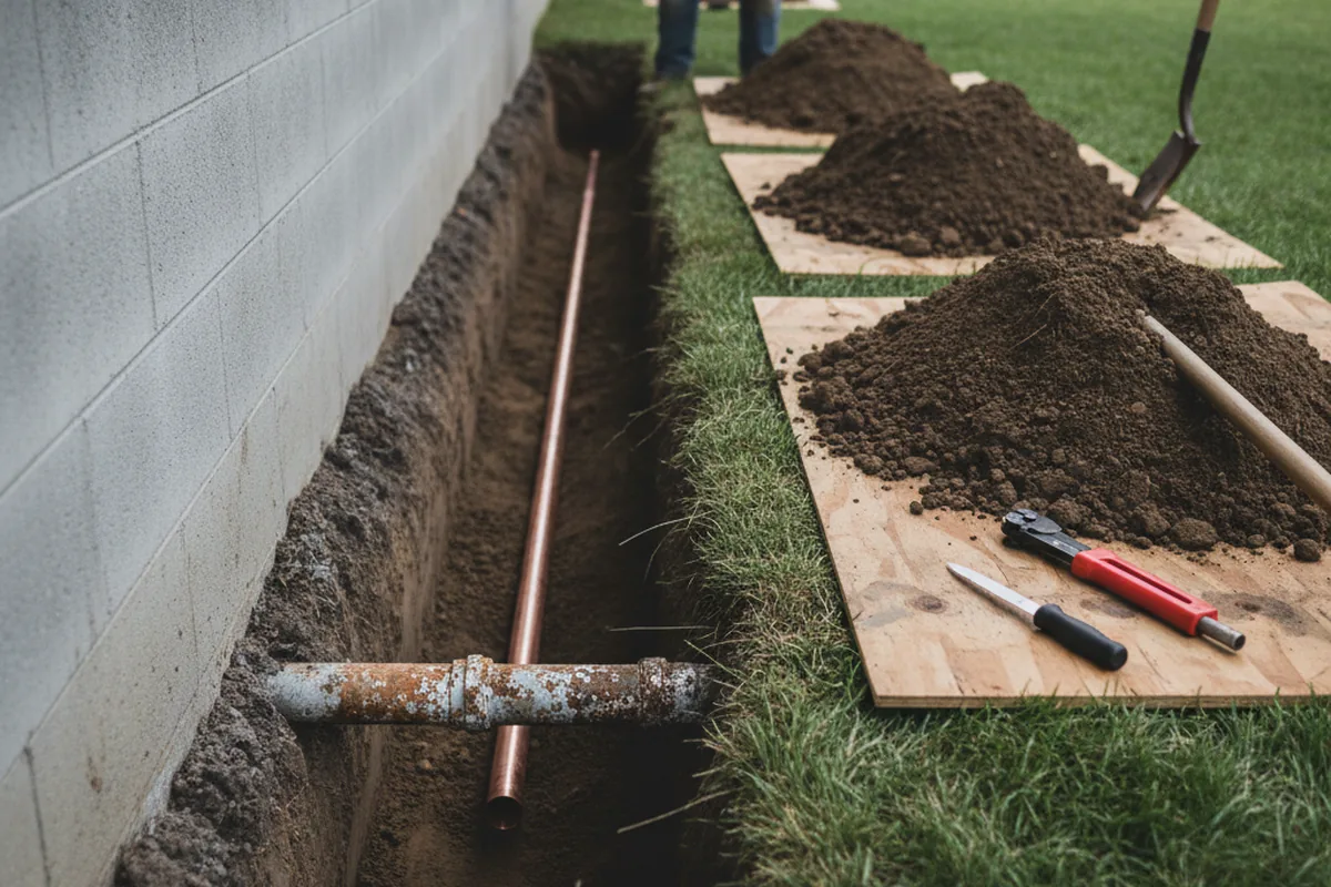 Excavated water line trench during Water Heater Repair in Cherry Valley